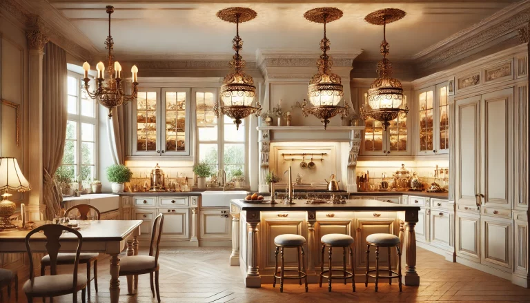 A classic kitchen with traditional light fixtures over the island and elegant metal elements. The decor includes a large island, classic fixtures, and