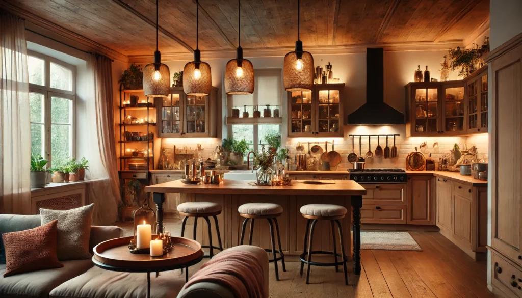 A cozy kitchen with soft, ambient lighting from pendant lights over the island. The room features a blend of modern and rustic decor with warm colors