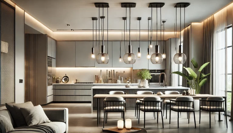 A sleek kitchen with modern light fixtures, including pendant lights and recessed lighting. The decor is modern with clean lines and neutral tones. Th