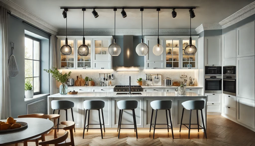 A modern kitchen featuring a variety of kitchen lights, including pendant lights over the kitchen island, recessed ceiling lights, and under-cabinet l