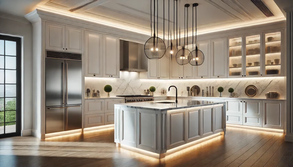 A modern kitchen with elegant lighting over the island. The kitchen features sleek white cabinets, a marble countertop island, and stainless steel app