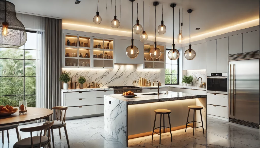 A modern kitchen with a variety of kitchen lights. The kitchen features a mix of pendant lights over the kitchen island, recessed ceiling lights, and