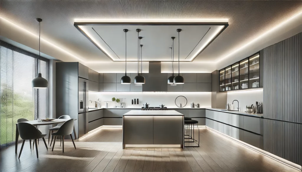 A contemporary kitchen with modern kitchen lights on the ceiling. The kitchen features sleek cabinets, a central island, and stainless steel appliance