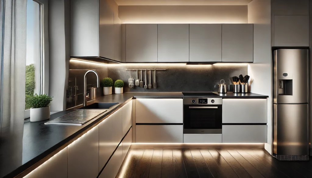 A Modern Kitchen With Sleek Under-Cabinet Lighting Installed