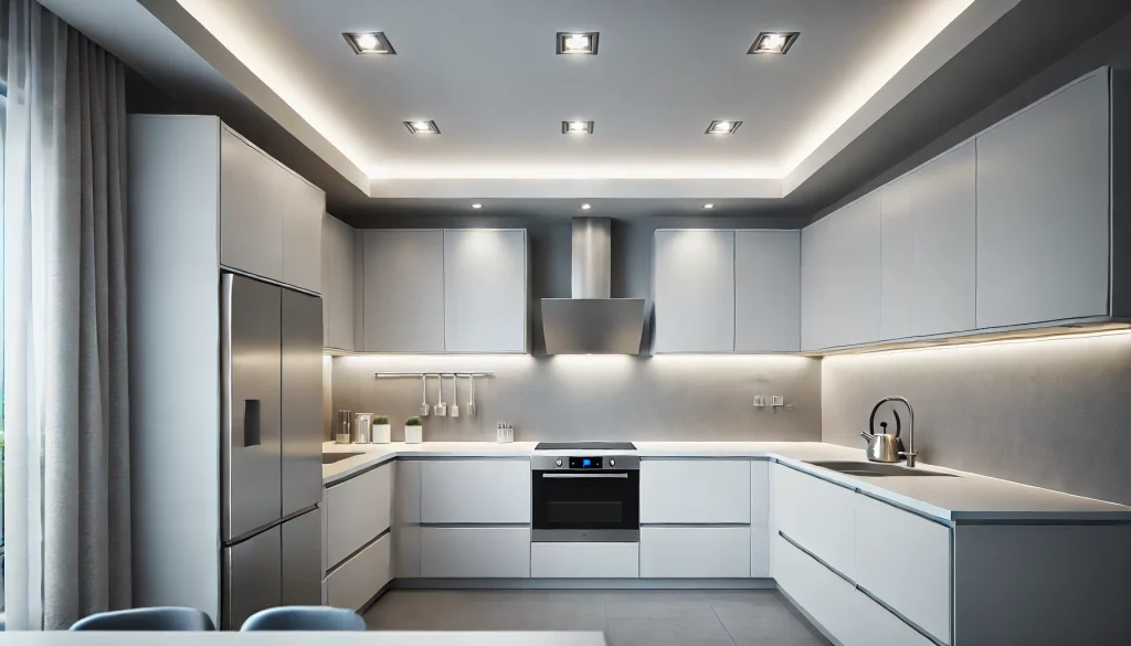 A Modern Kitchen With Recessed Lighting Installed In The Ceiling