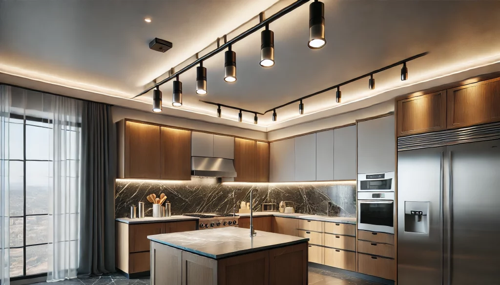 Modern Kitchen With Track Lighting On The Ceiling