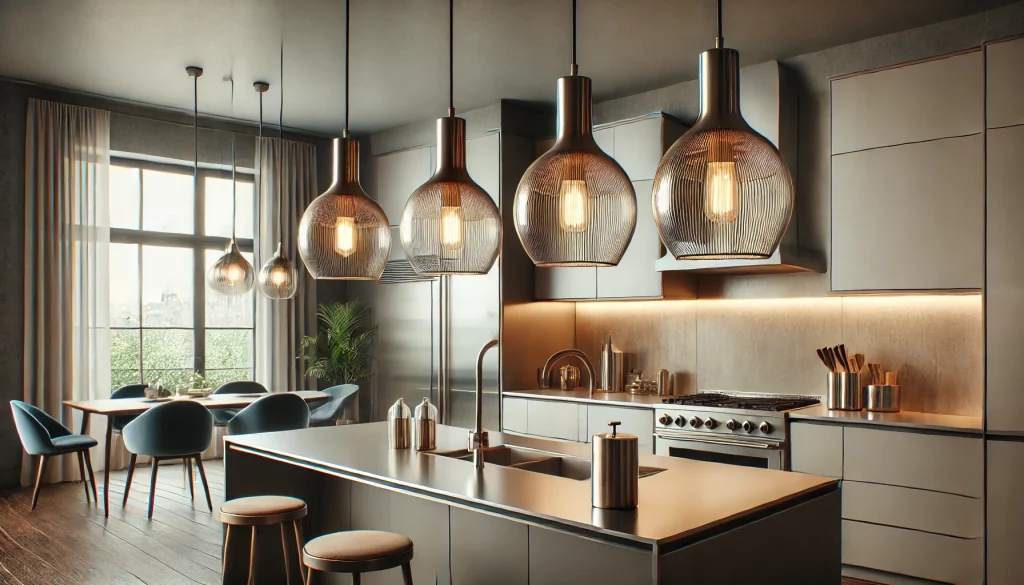 Stylish Pendant Lights Hanging Over A Modern Kitchen