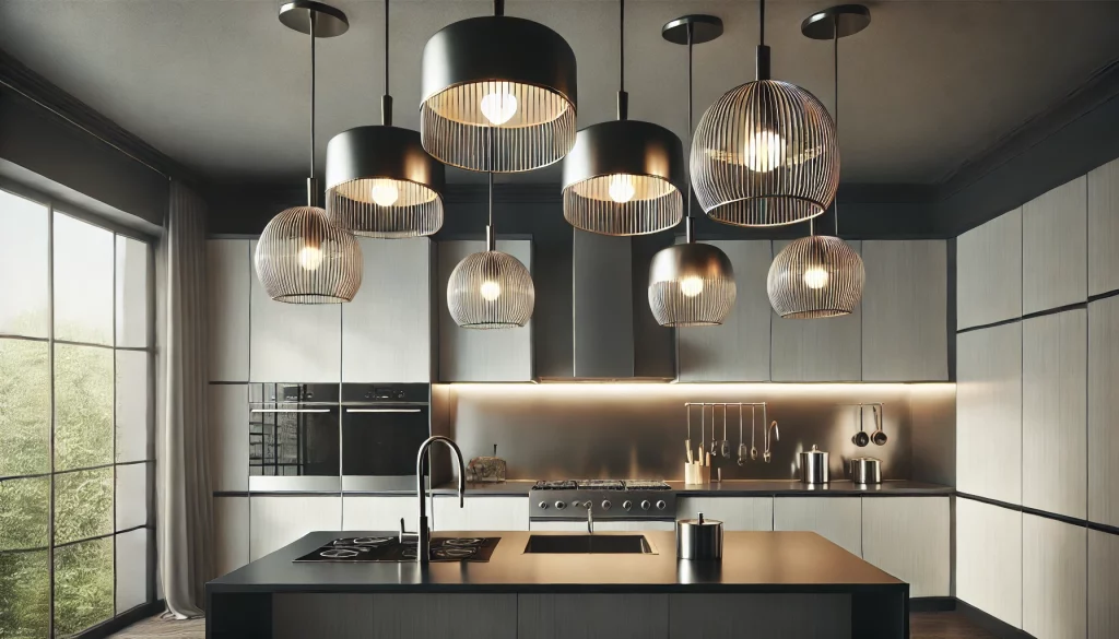 A Stylish Pendant Lights Hanging Over A Modern Kitchen Island