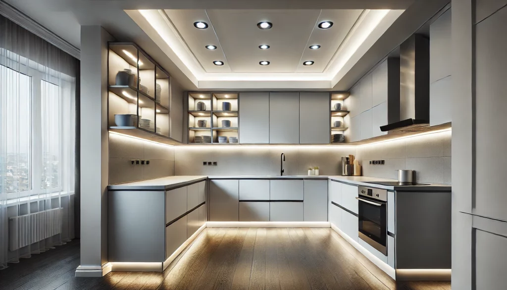 A Kitchen With Recessed Lighting Installed In The Ceiling