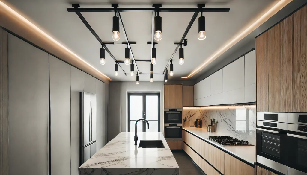 Modern Kitchen With Track Lighting Installed On The Ceiling