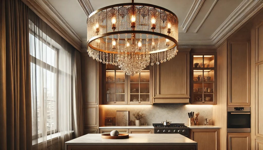 A Modern Kitchen With A Beautiful Chandelier Hanging From The Ceiling